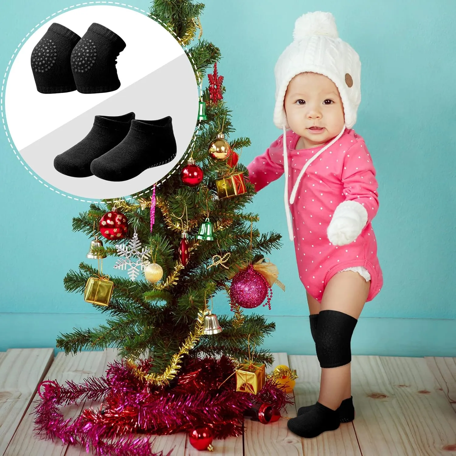 10 Pairs Baby Crawling Anti Slip Knee Pads and Anti Slip Baby Socks Set Unisex Toddler Knee Protectors Non Slip Ankle Socks
