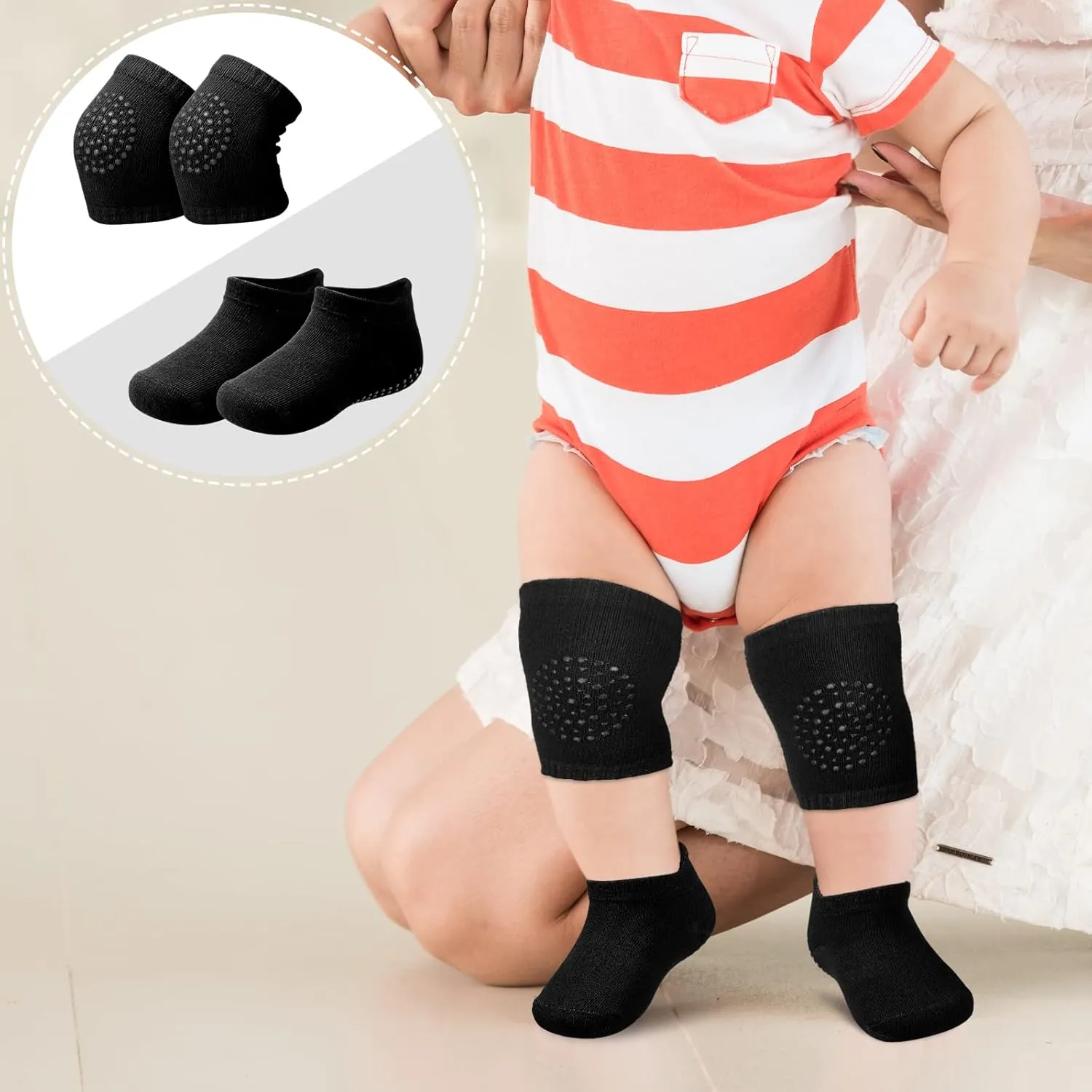 10 Pairs Baby Crawling Anti Slip Knee Pads and Anti Slip Baby Socks Set Unisex Toddler Knee Protectors Non Slip Ankle Socks