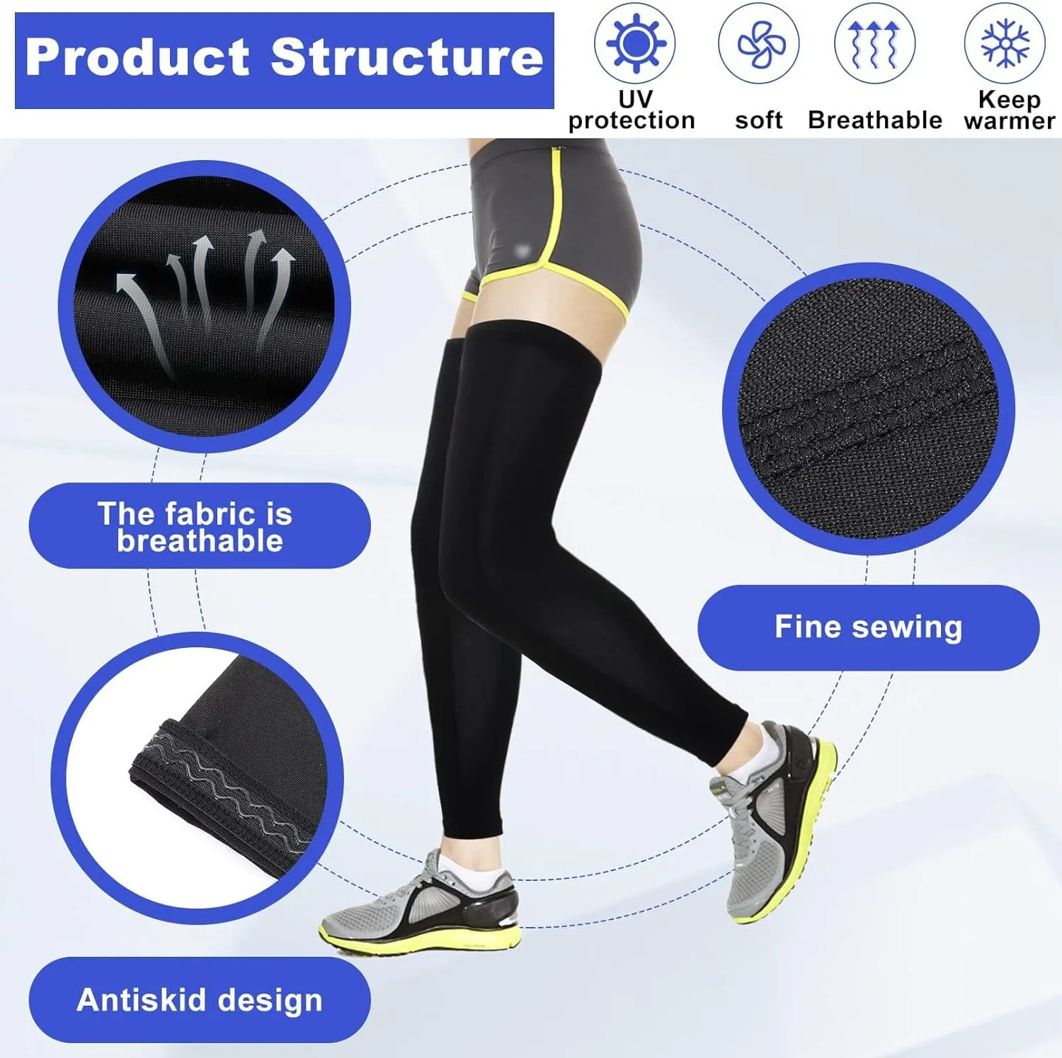 2 Pairs Compression Leg Sleeves Full Leg Compression Sleeve UV Protection Arm Sleeves with Anti-slip Silicone Strips