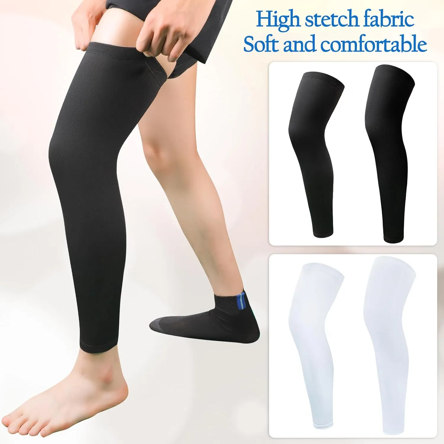 2 Pairs Leg Sleeves,Full Length Leg Compression Sleeve,Compression Long Knee Sleeve,Sports Leg Knee Sleeve with Anti Slip Silicone Strips for Men Women Running Basketball Football(White&Black)