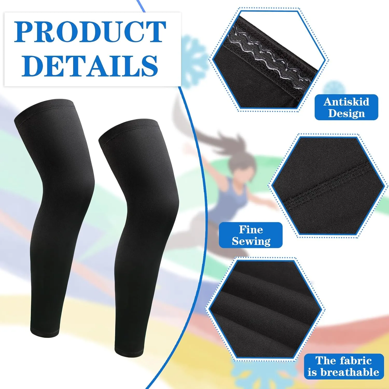2 Pairs Leg Sleeves,Full Length Leg Compression Sleeve,Compression Long Knee Sleeve,Sports Leg Knee Sleeve with Anti Slip Silicone Strips for Men Women Running Basketball Football(White&Black)