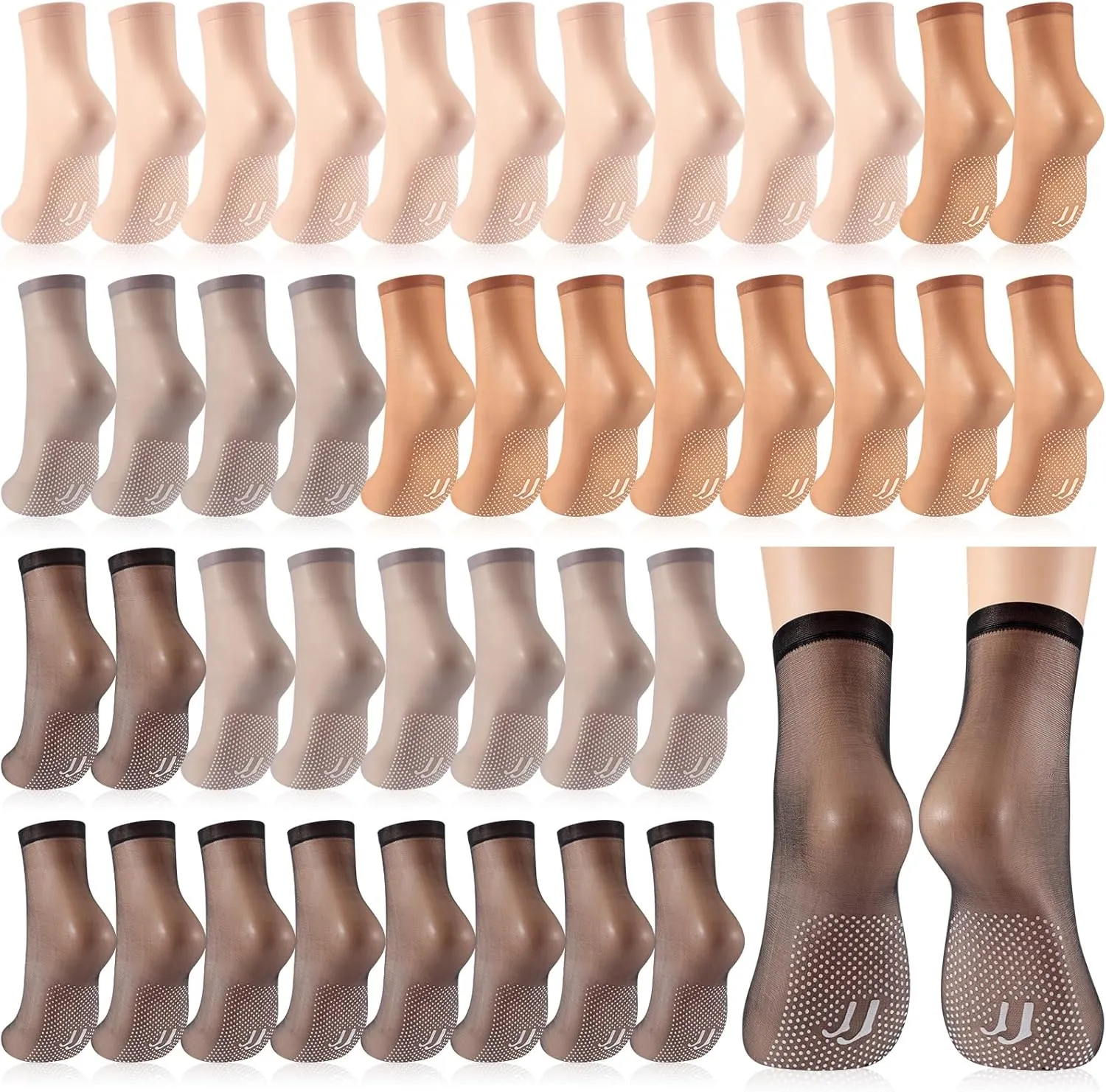 20 Pairs Women's Sheer Ankle Nylon Socks with Gripper Anti Skid Transparent Non Slip Pantyhose Socks Invisible Silk Ankle Anklets for Women