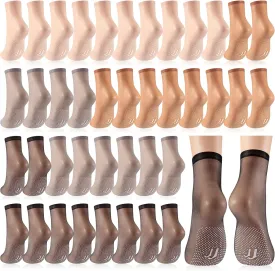20 Pairs Women's Sheer Ankle Nylon Socks with Gripper Anti Skid Transparent Non Slip Pantyhose Socks Invisible Silk Ankle Anklets for Women