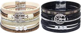 2pcs Leather Bracelets for Women Tree of Life Multi-Layer Wraps Bracelet Boho Leopard Multi-Layer Braided Cuff Bracelet Fashion Stackable Wrist Bracelet Valentine's Day Mother's Day Present