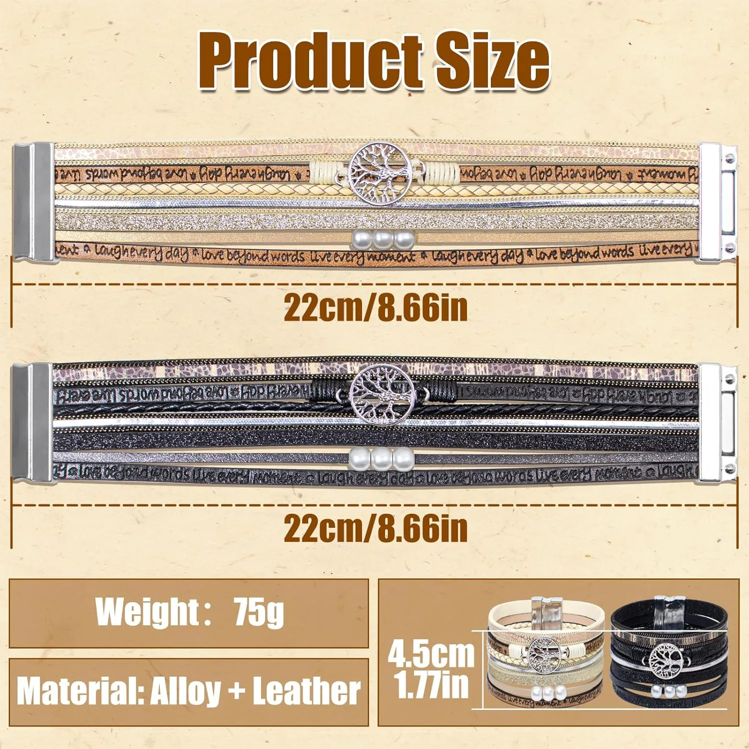 2pcs Leather Bracelets for Women Tree of Life Multi-Layer Wraps Bracelet Boho Leopard Multi-Layer Braided Cuff Bracelet Fashion Stackable Wrist Bracelet Valentine's Day Mother's Day Present