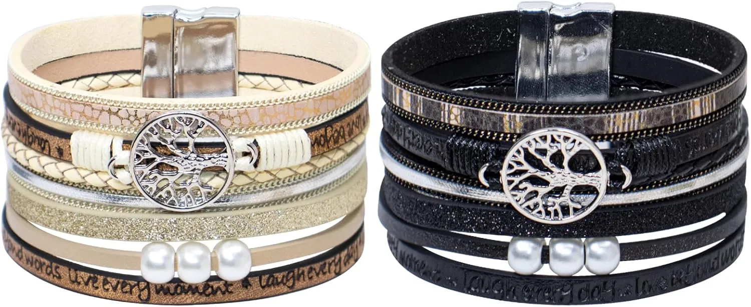 2pcs Leather Bracelets for Women Tree of Life Multi-Layer Wraps Bracelet Boho Leopard Multi-Layer Braided Cuff Bracelet Fashion Stackable Wrist Bracelet Valentine's Day Mother's Day Present