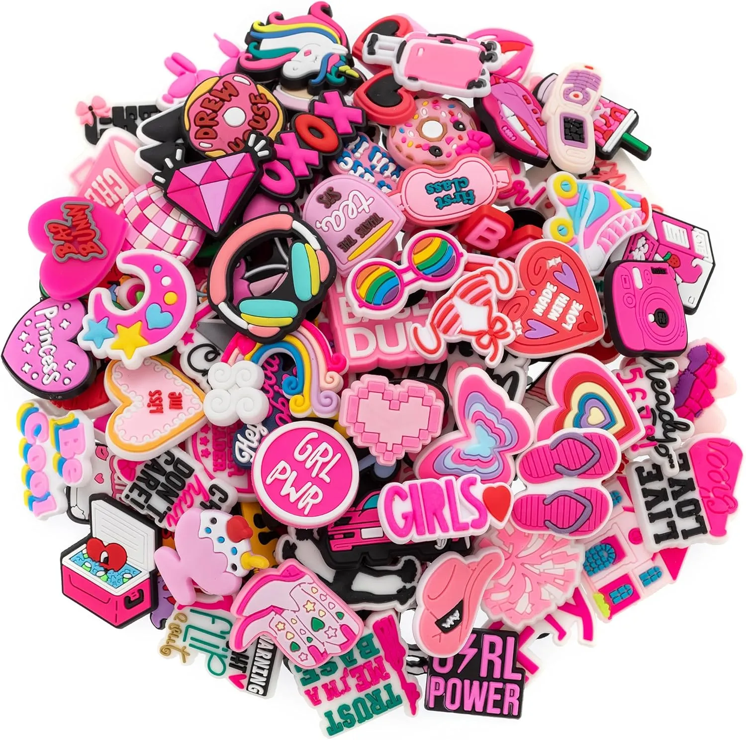 30,50,100pcs Random Pink Shoe Charms Kawaii Shoe Accessories for Girls Teens Cute Clog Sandals Decor Lovely Gift Wristband Bracelet Charms Party Favors