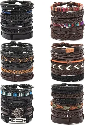 36Pcs Braided Leather Bracelets for Men Women Woven Ethnic Tribal Rope Wristbands Bracelets Hemp Cords Cuff Bracelet Set Adjustable