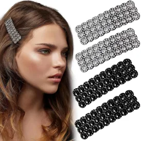 4Pcs Rhinestone Snap Hair Clips Shining Crystal Clips Rectangular Hairpins Korean Barrettes Hair Accessories for Party Wedding Daily Girls Hair Decorative Black Sliver