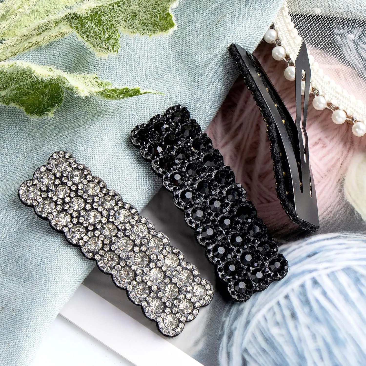 4Pcs Rhinestone Snap Hair Clips Shining Crystal Clips Rectangular Hairpins Korean Barrettes Hair Accessories for Party Wedding Daily Girls Hair Decorative Black Sliver