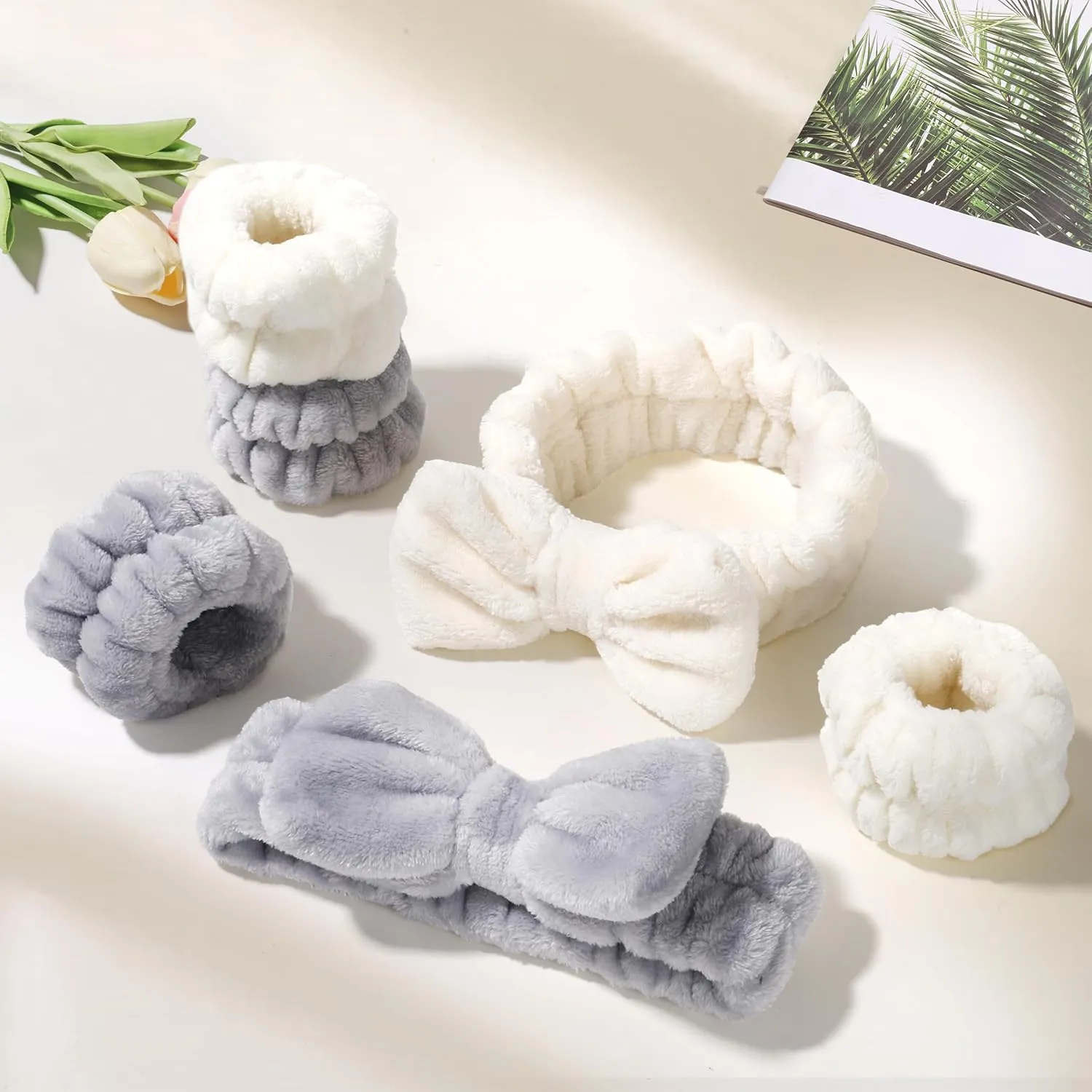 6 Pcs Spa Headband and Wristbands,Coral Fleece Makeup Headband Cosmetic Headband for Washing Face, Bow Headbands for Shower Terry Cloth Headbands for Women Facial Hair Band
