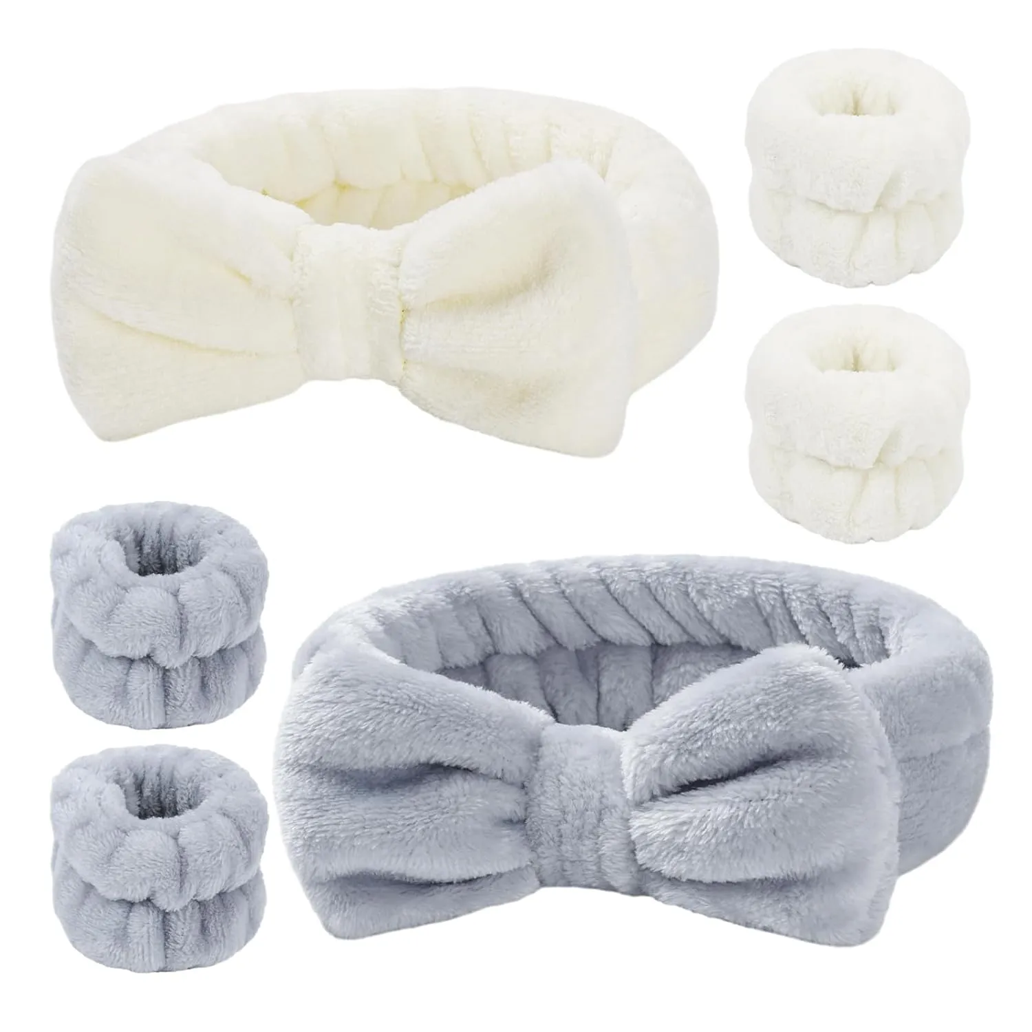 6 Pcs Spa Headband and Wristbands,Coral Fleece Makeup Headband Cosmetic Headband for Washing Face, Bow Headbands for Shower Terry Cloth Headbands for Women Facial Hair Band