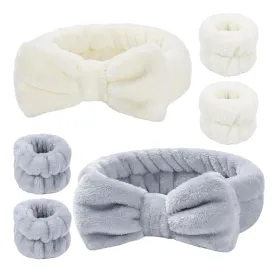 6 Pcs Spa Headband and Wristbands,Coral Fleece Makeup Headband Cosmetic Headband for Washing Face, Bow Headbands for Shower Terry Cloth Headbands for Women Facial Hair Band