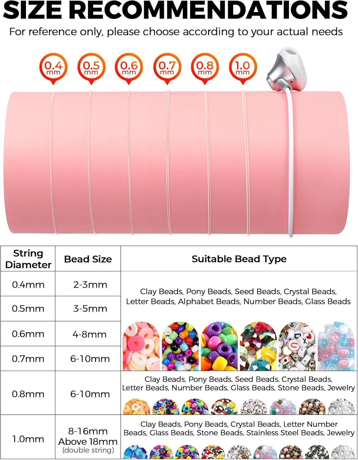 6 Rolls FIVEIZERO Elastic Bracelet String Cord, 0.4mm, 0.5mm, 0.6mm, 0.7mm, 0.8mm, 1mm Crystal Clear Stretchy Elastic Bead String for Bracelets, Jewelry Making and Clay Pony Seed Stone Beads Beading