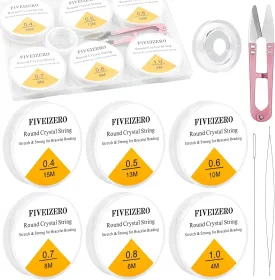 6 Rolls FIVEIZERO Elastic Bracelet String Cord, 0.4mm, 0.5mm, 0.6mm, 0.7mm, 0.8mm, 1mm Crystal Clear Stretchy Elastic Bead String for Bracelets, Jewelry Making and Clay Pony Seed Stone Beads Beading