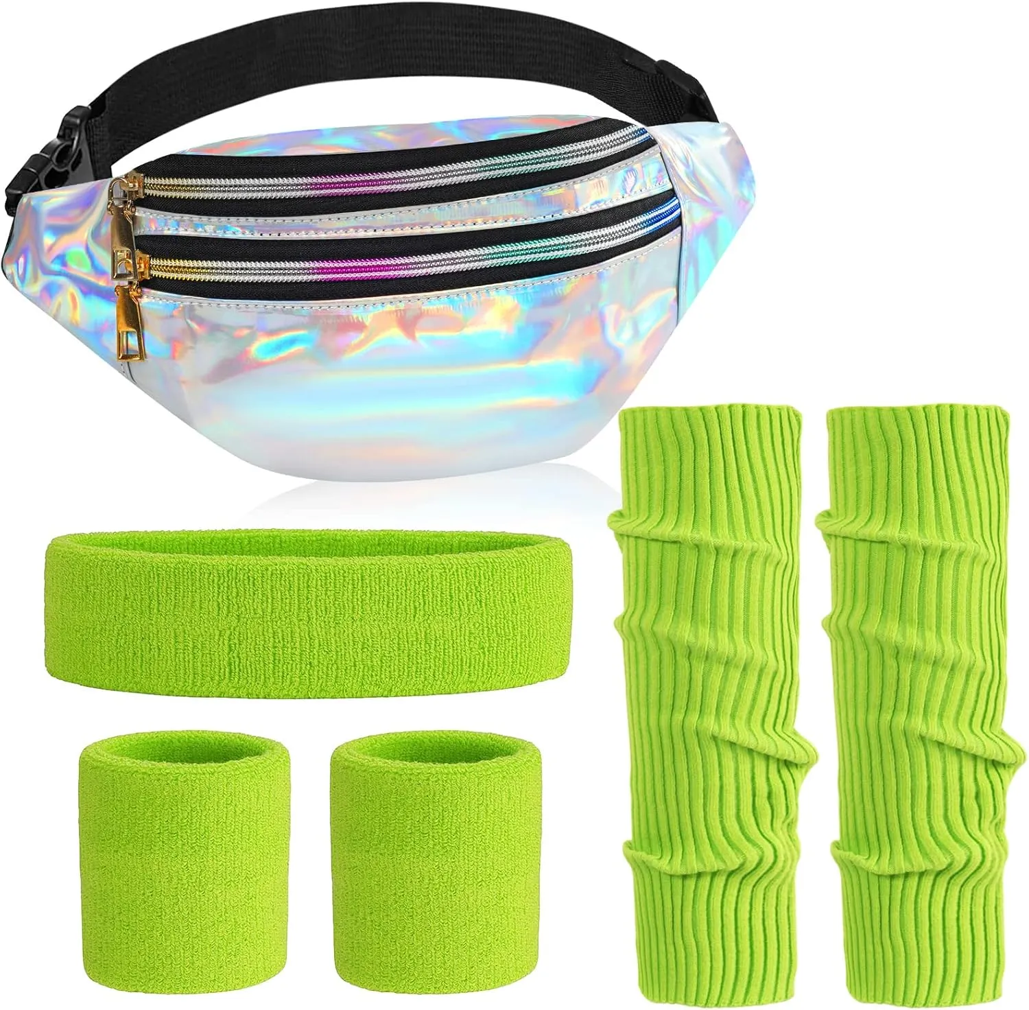 80s Accessories for Women, Leg Warmers 80s Costumes Workout Outfit Holographic Fanny Pack Neon Headband Wristbands