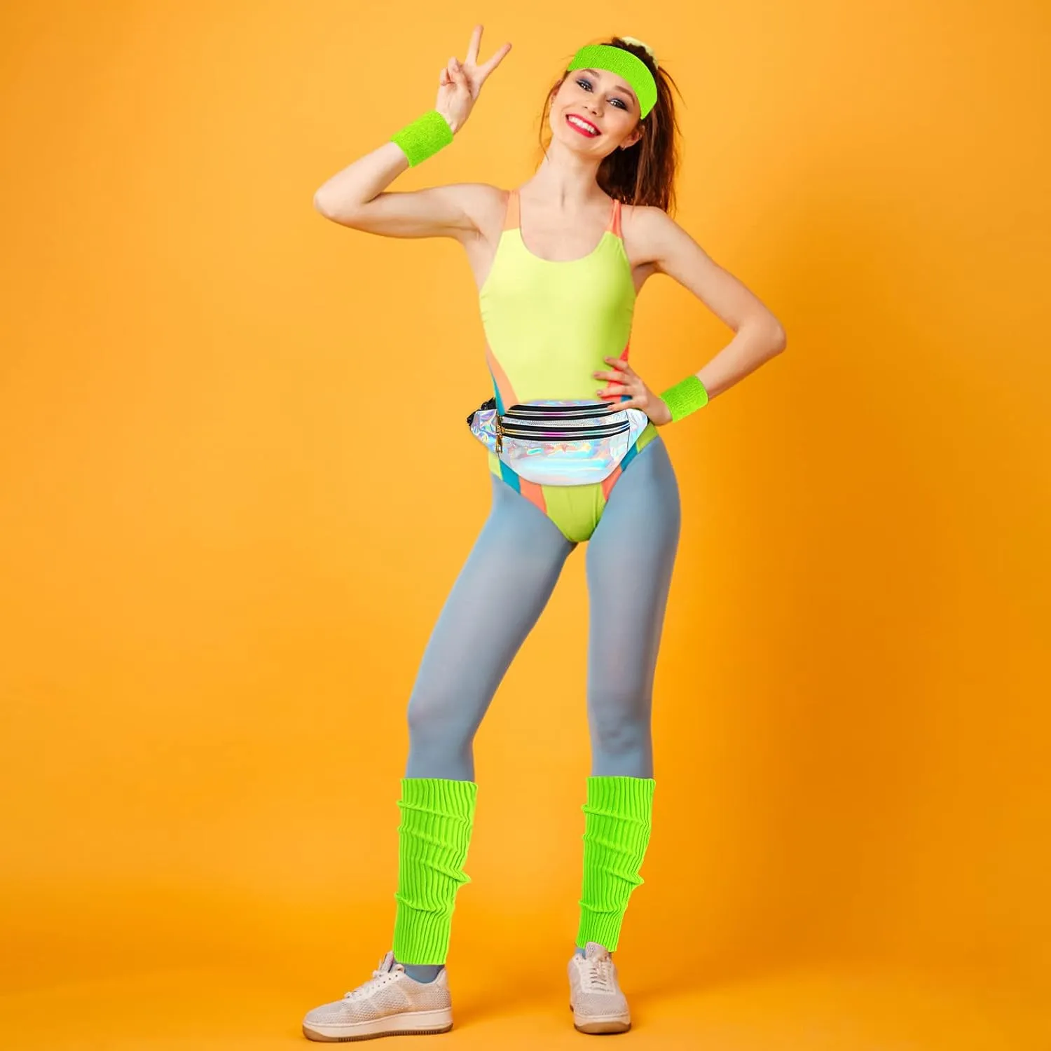 80s Accessories for Women, Leg Warmers 80s Costumes Workout Outfit Holographic Fanny Pack Neon Headband Wristbands
