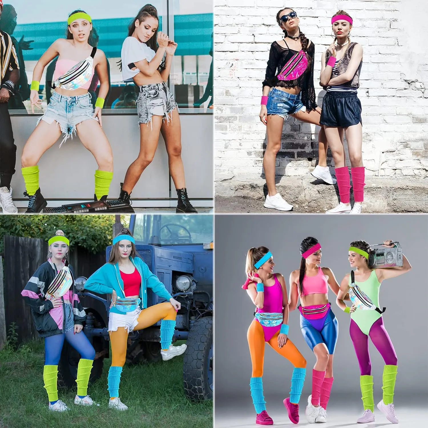 80s Accessories for Women, Leg Warmers 80s Costumes Workout Outfit Holographic Fanny Pack Neon Headband Wristbands