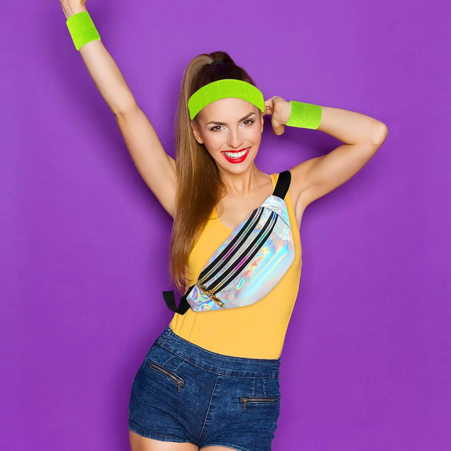 80s Accessories for Women, Leg Warmers 80s Costumes Workout Outfit Holographic Fanny Pack Neon Headband Wristbands