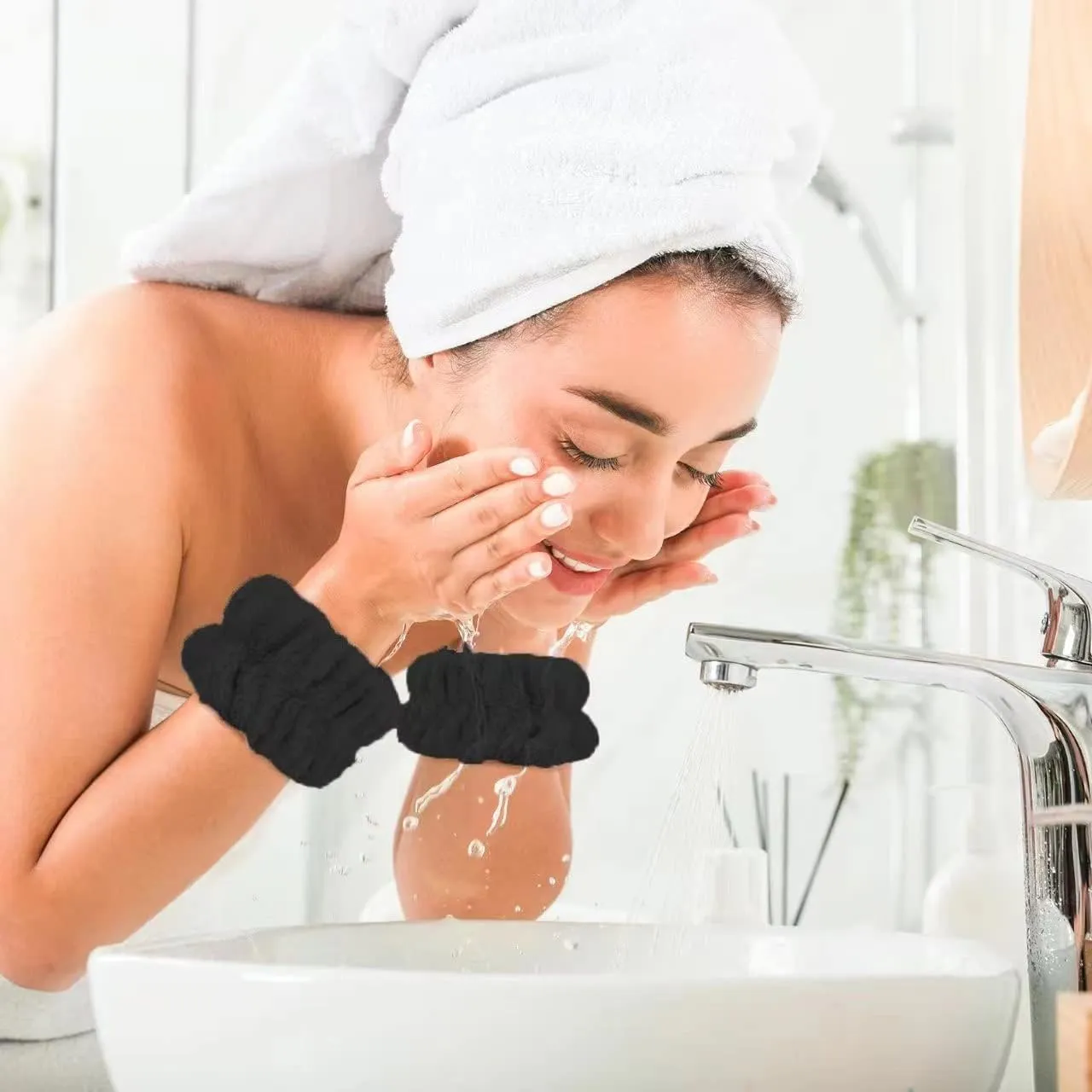 8Pcs Anmieciu Microfiber Spa Wristbands - Wrist Towels for Face Washing, Arm Bands to Prevent Liquid Spilling (Black)