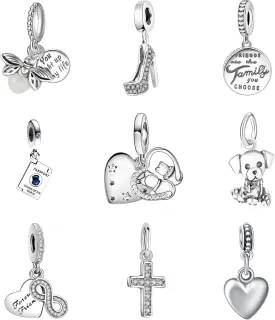 9PCS European Charms Beads Pendant For Pandora Bracelet, Charms for DIY Bracelets Necklace Jewellery Gift for Birthday Valentine's Day Party Christmas Mother's Day Silver Heart Love Family Firefly