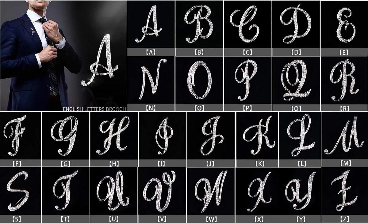 A-Z 26 Letters Pins Brooches Silver Plated Metal Broaches Pins-Clear Crystal Initial Breastpin