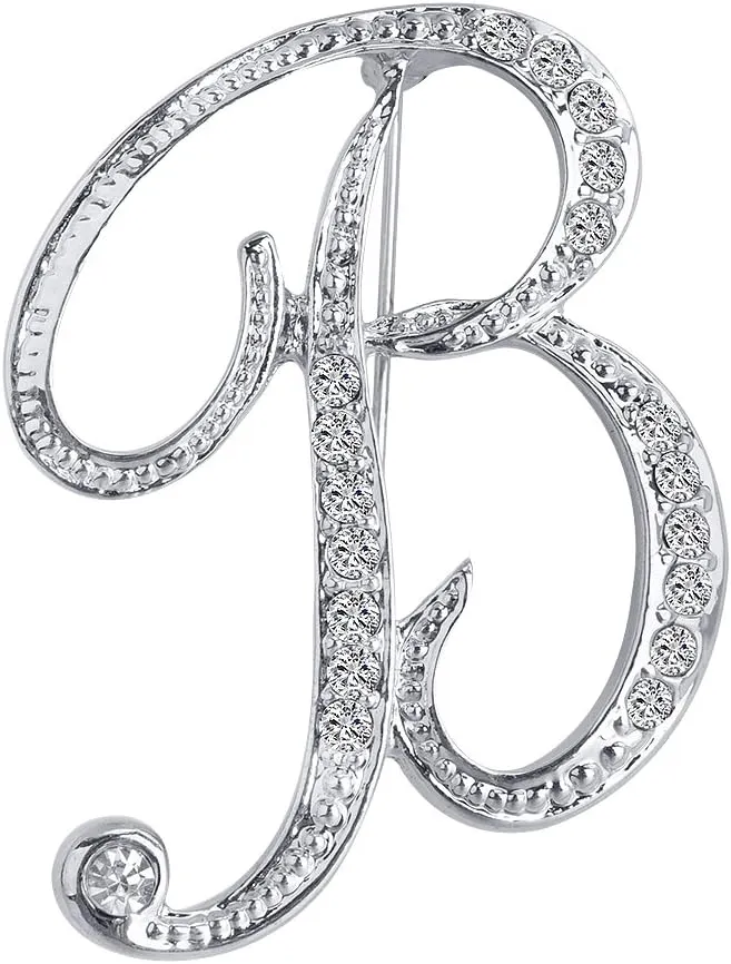 A-Z 26 Letters Pins Brooches Silver Plated Metal Broaches Pins-Clear Crystal Initial Breastpin