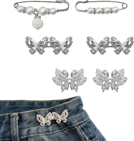Adjustable Waist Tightener for Women - 4 Butterfly Pant Waist Tighteners Pins   2 Pearl Pins, Jean Clips to Tighten Waist, Jean Buttons for Loose Jeans, Waist Cincher Clip for Women - No Sew No Tool