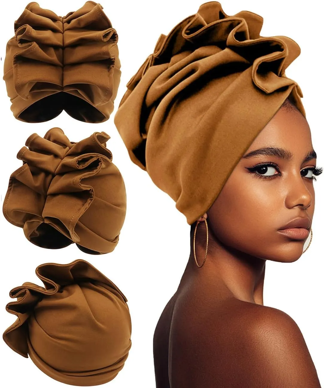 Babalet Stretch Turban Hats African Double Layered Headwraps Soft Pre-Tied Bonnet Hair Wrap Ruffles Turbans for Black Women