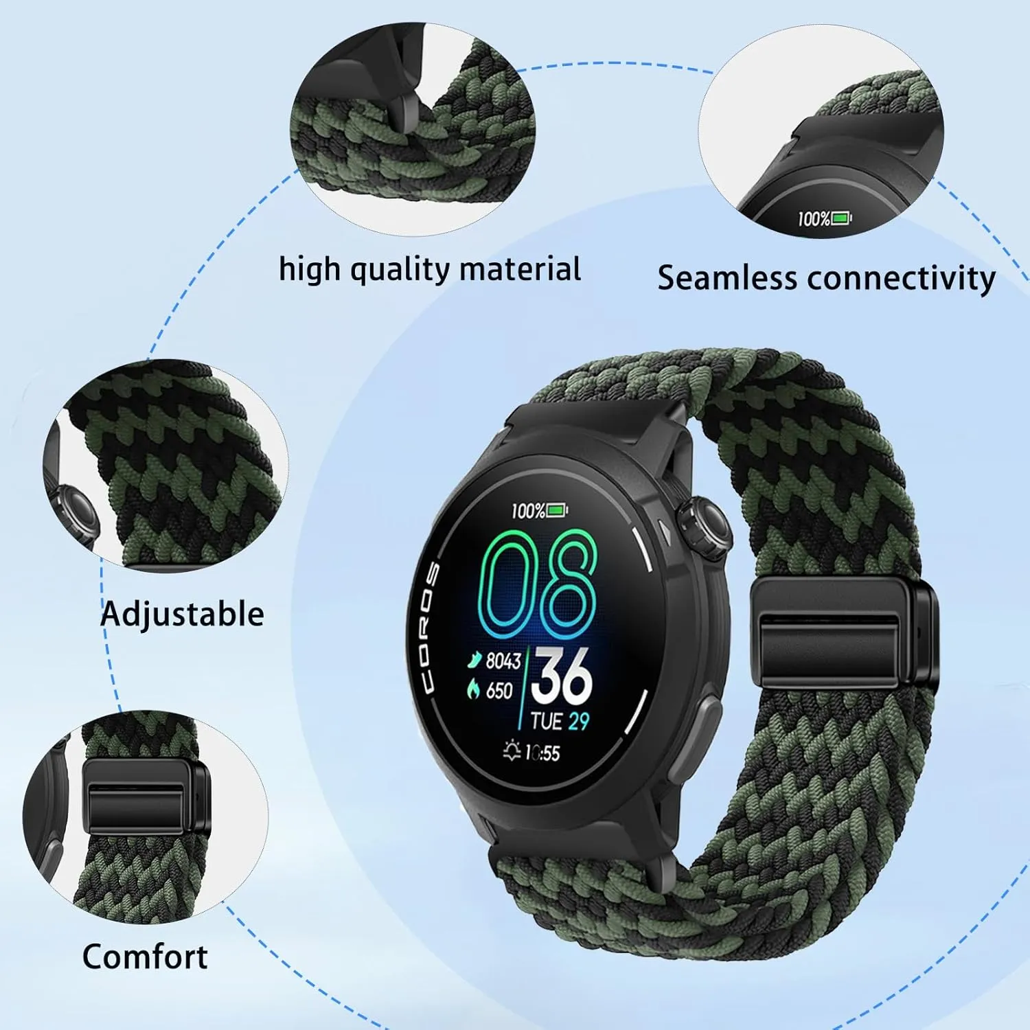 Band for COROS PACE Pro GPS Sport Watch, Breathable Braided Wristbands,Sport Replacement Strap,Adjustable Wristband,Women Men,Nylon Braided Band for COROS PACE Pro