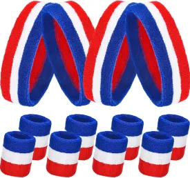 Bememo 4 Sets Striped Sweatbands Set, Sports Sweatbands and Headband Wristbands Colorful Cotton Set,Patriotic Memorial Day 4th of July,Independence Day American Flag Style(Red White and Blue)