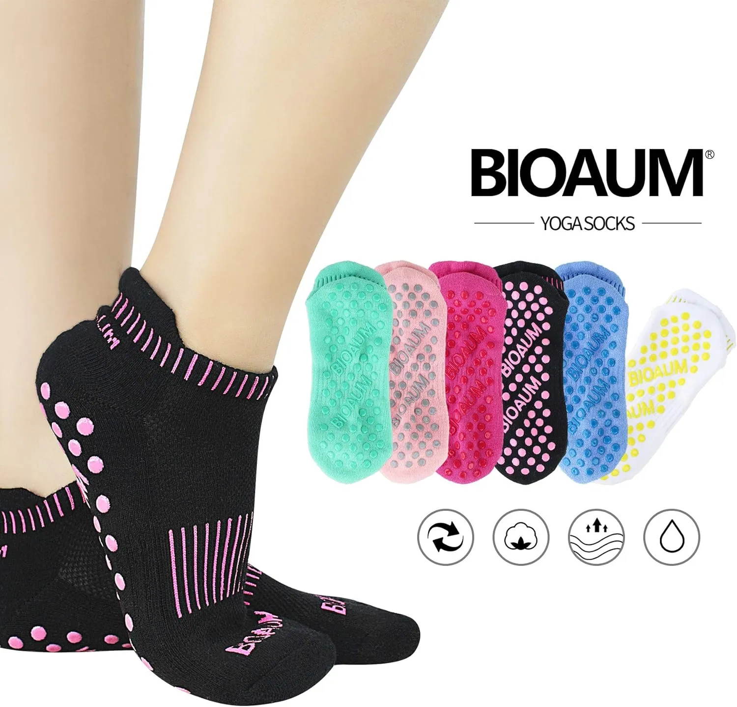 BIOAUM Yoga Socks for Women - 6 Pairs Cotton Cushion Non Slip Grip Slipper Pilates Hospital Socks