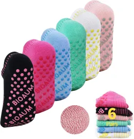 BIOAUM Yoga Socks for Women - 6 Pairs Cotton Cushion Non Slip Grip Slipper Pilates Hospital Socks