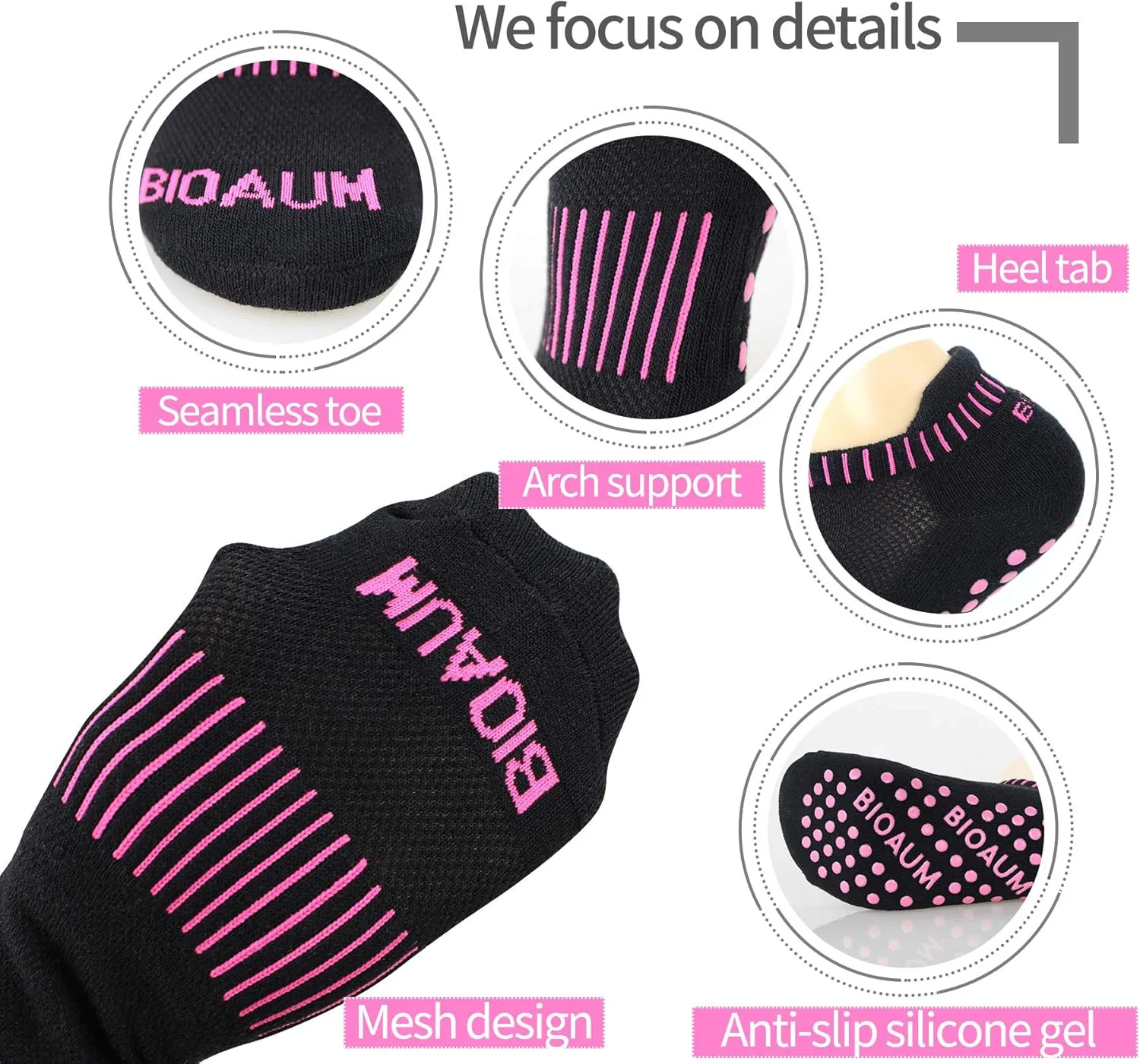 BIOAUM Yoga Socks for Women - 6 Pairs Cotton Cushion Non Slip Grip Slipper Pilates Hospital Socks