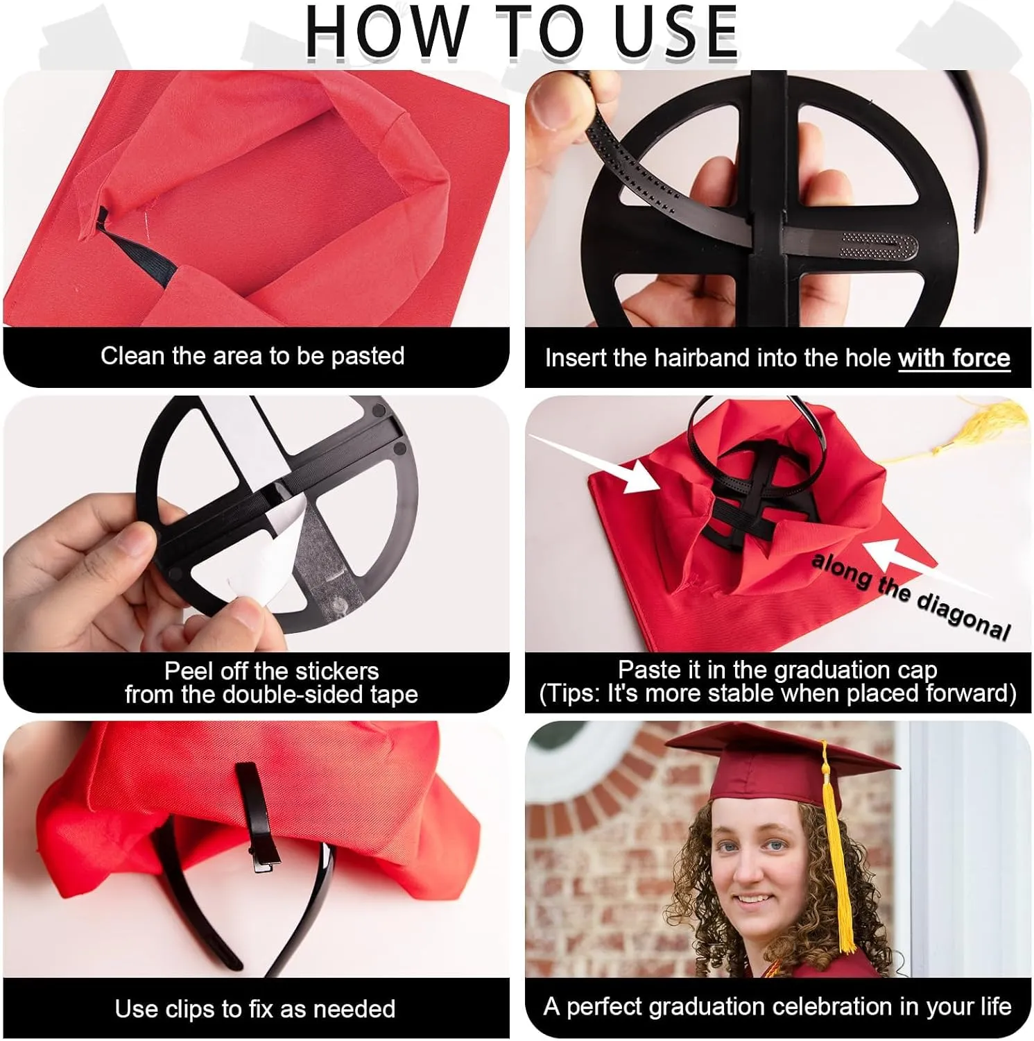 Black Graduation Cap Headband, Secure Grad And Hairstyle With 4 hair clips, Grad Cap Headbandfor Graduates, Students