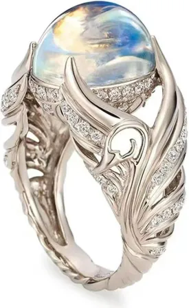 Blank Swan Colorful Stone Angel Wings Inlaid with Moonlight Stone Ring Carved Out Women's Ring Fashion Jewelry(US Size-6)