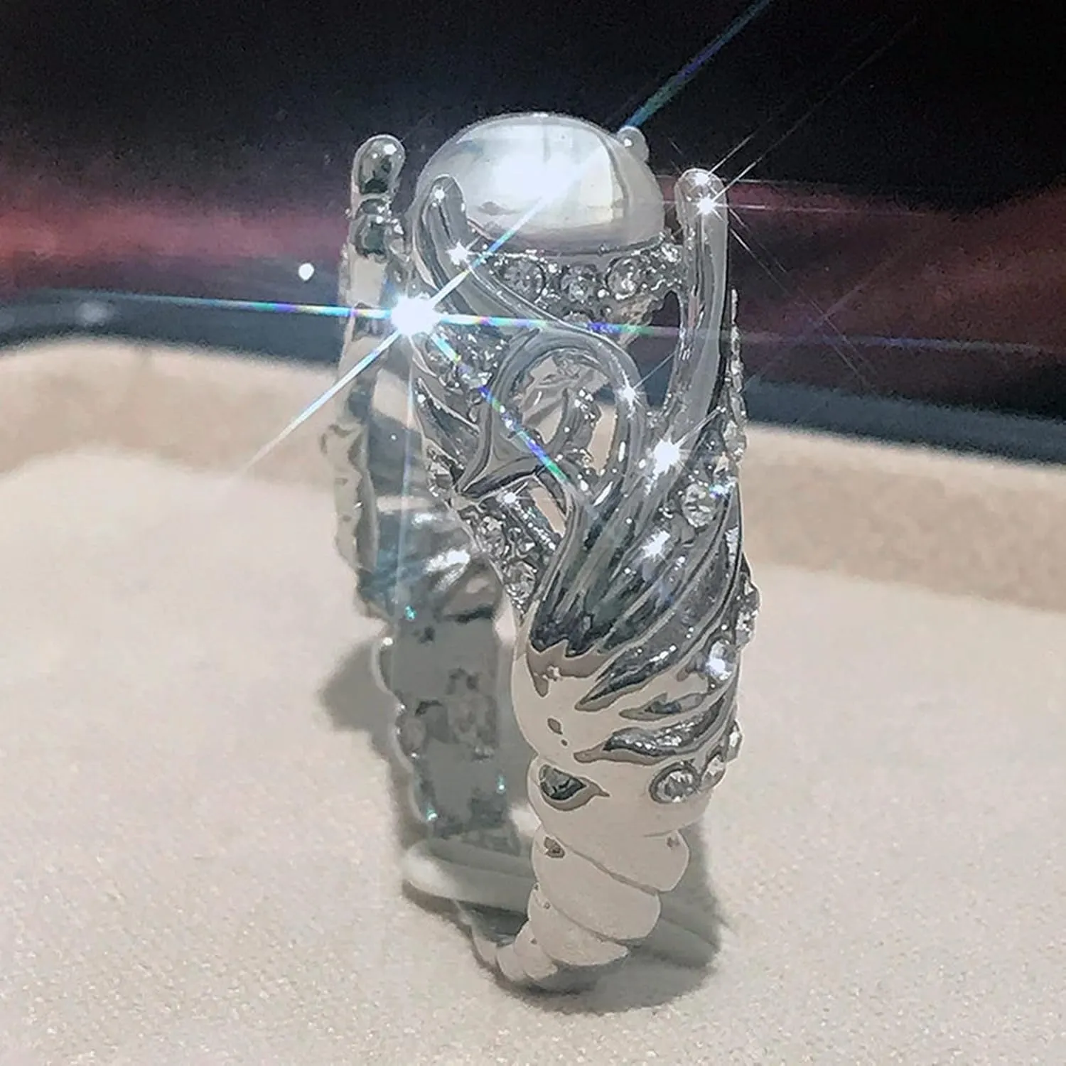 Blank Swan Colorful Stone Angel Wings Inlaid with Moonlight Stone Ring Carved Out Women's Ring Fashion Jewelry(US Size-6)