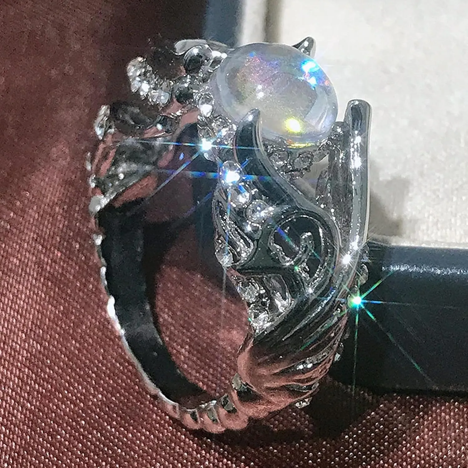 Blank Swan Colorful Stone Angel Wings Inlaid with Moonlight Stone Ring Carved Out Women's Ring Fashion Jewelry(US Size-6)