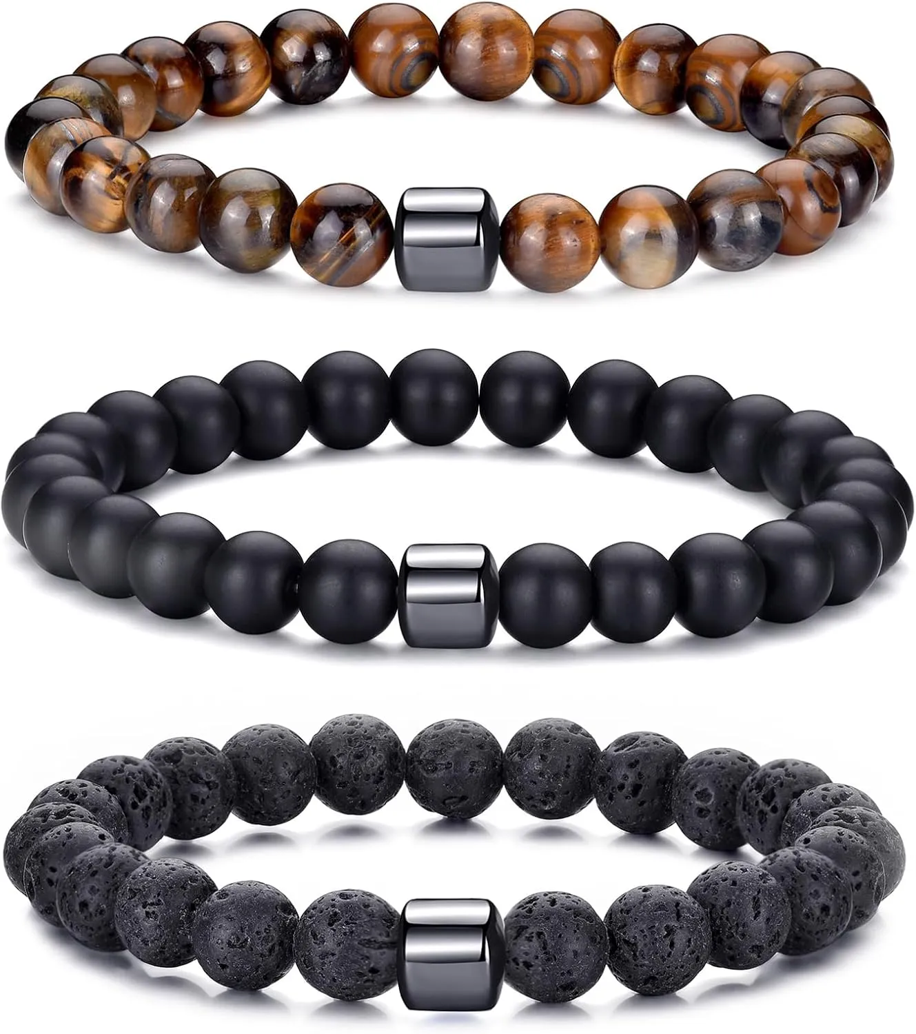BMMYE 8MM-Tiger Eye Beaded Bracelets for Men Natural Stone Elastic Bracelet Set Lava Rock Beaded Bracelets for Men,Birthday Gifts for Son Boyfriend Brother for Him