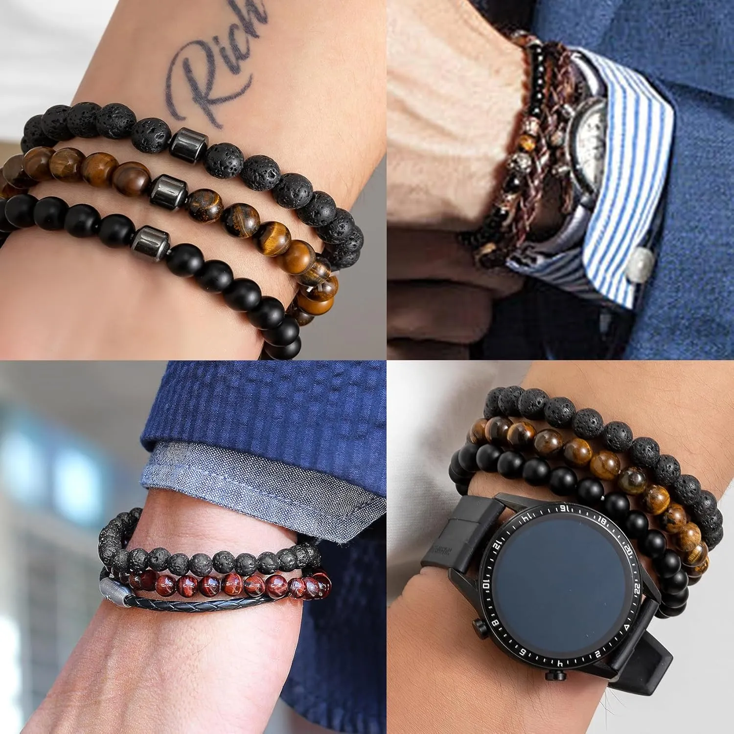 BMMYE 8MM-Tiger Eye Beaded Bracelets for Men Natural Stone Elastic Bracelet Set Lava Rock Beaded Bracelets for Men,Birthday Gifts for Son Boyfriend Brother for Him