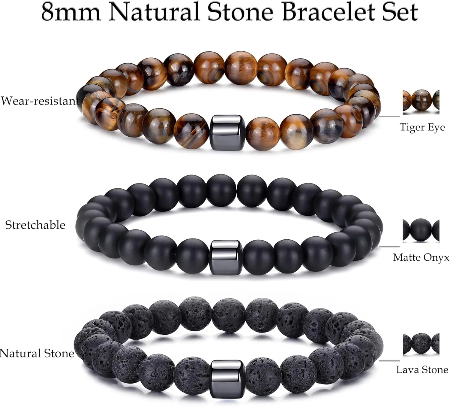 BMMYE 8MM-Tiger Eye Beaded Bracelets for Men Natural Stone Elastic Bracelet Set Lava Rock Beaded Bracelets for Men,Birthday Gifts for Son Boyfriend Brother for Him