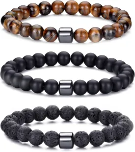 BMMYE 8MM-Tiger Eye Beaded Bracelets for Men Natural Stone Elastic Bracelet Set Lava Rock Beaded Bracelets for Men,Birthday Gifts for Son Boyfriend Brother for Him