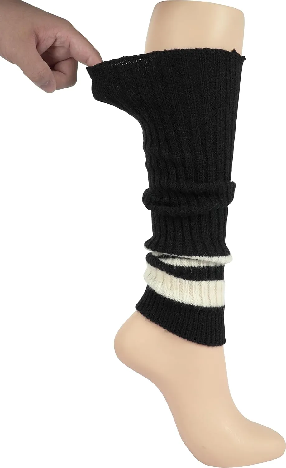BomKinta Women Leg Warmers with Holes - Warm Ruffle Stripe Leg Sleeves - Winter Knee High Footless Socks