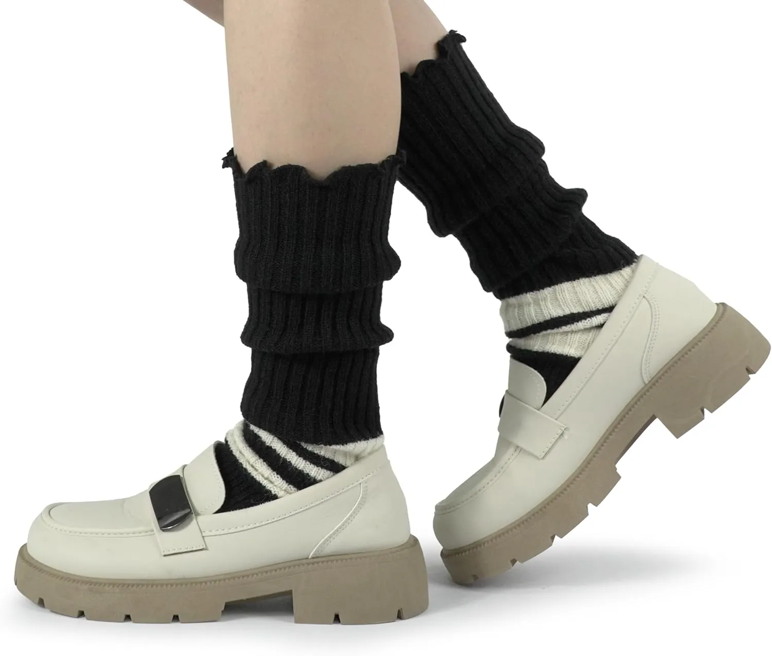 BomKinta Women Leg Warmers with Holes - Warm Ruffle Stripe Leg Sleeves - Winter Knee High Footless Socks