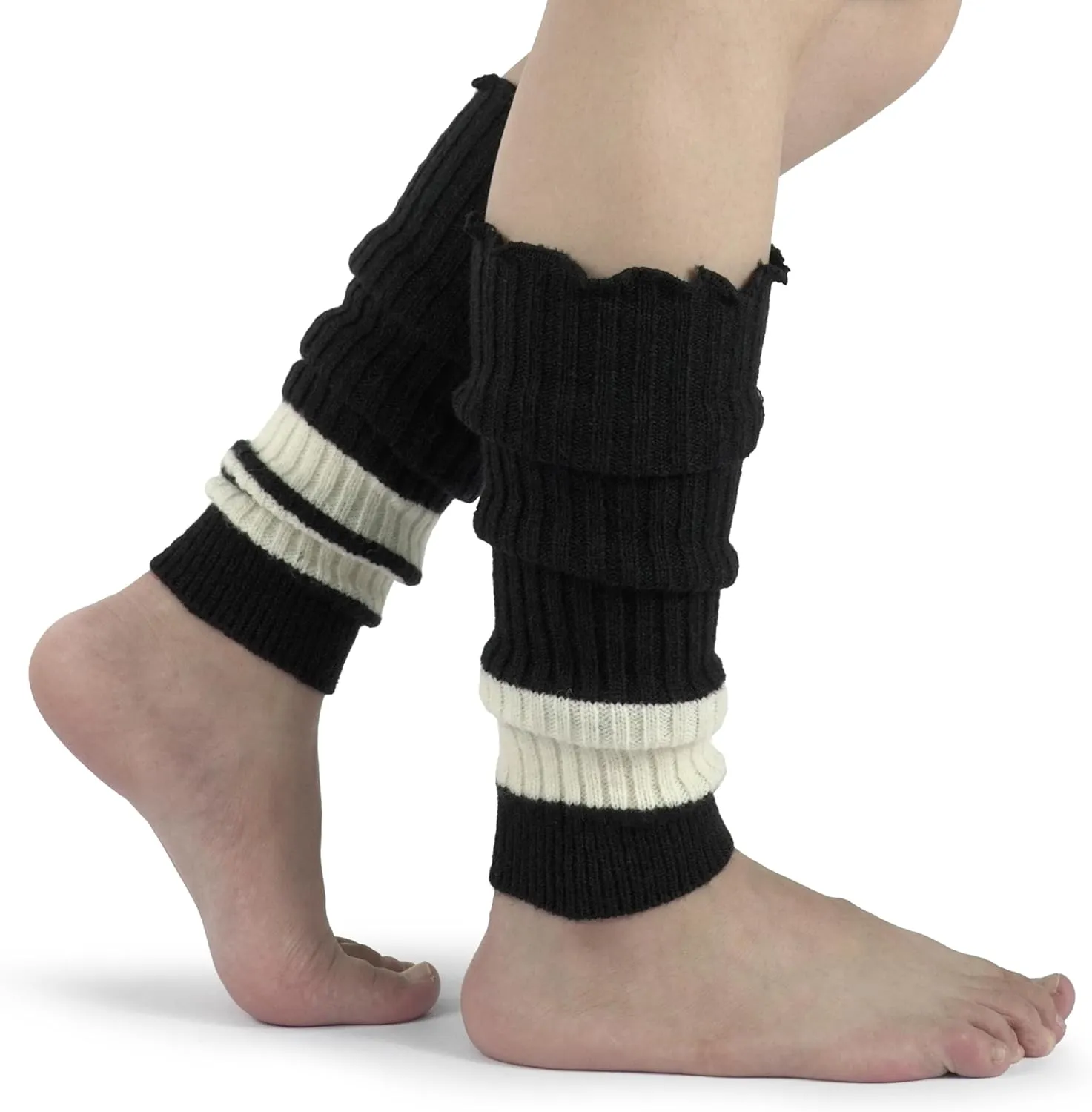 BomKinta Women Leg Warmers with Holes - Warm Ruffle Stripe Leg Sleeves - Winter Knee High Footless Socks