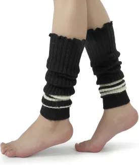 BomKinta Women Leg Warmers with Holes - Warm Ruffle Stripe Leg Sleeves - Winter Knee High Footless Socks