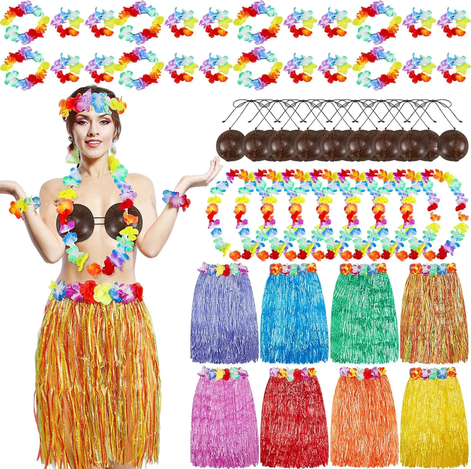 Bonuci 8 Sets Coconut Bra Hula Skirt Costume Accessory Kit Hawaiian Costume Set 23.6'' Skirt Headbands Wristbands Hawaiian Necklace Flower Leis for Women Luau Party Tropical Party Favors