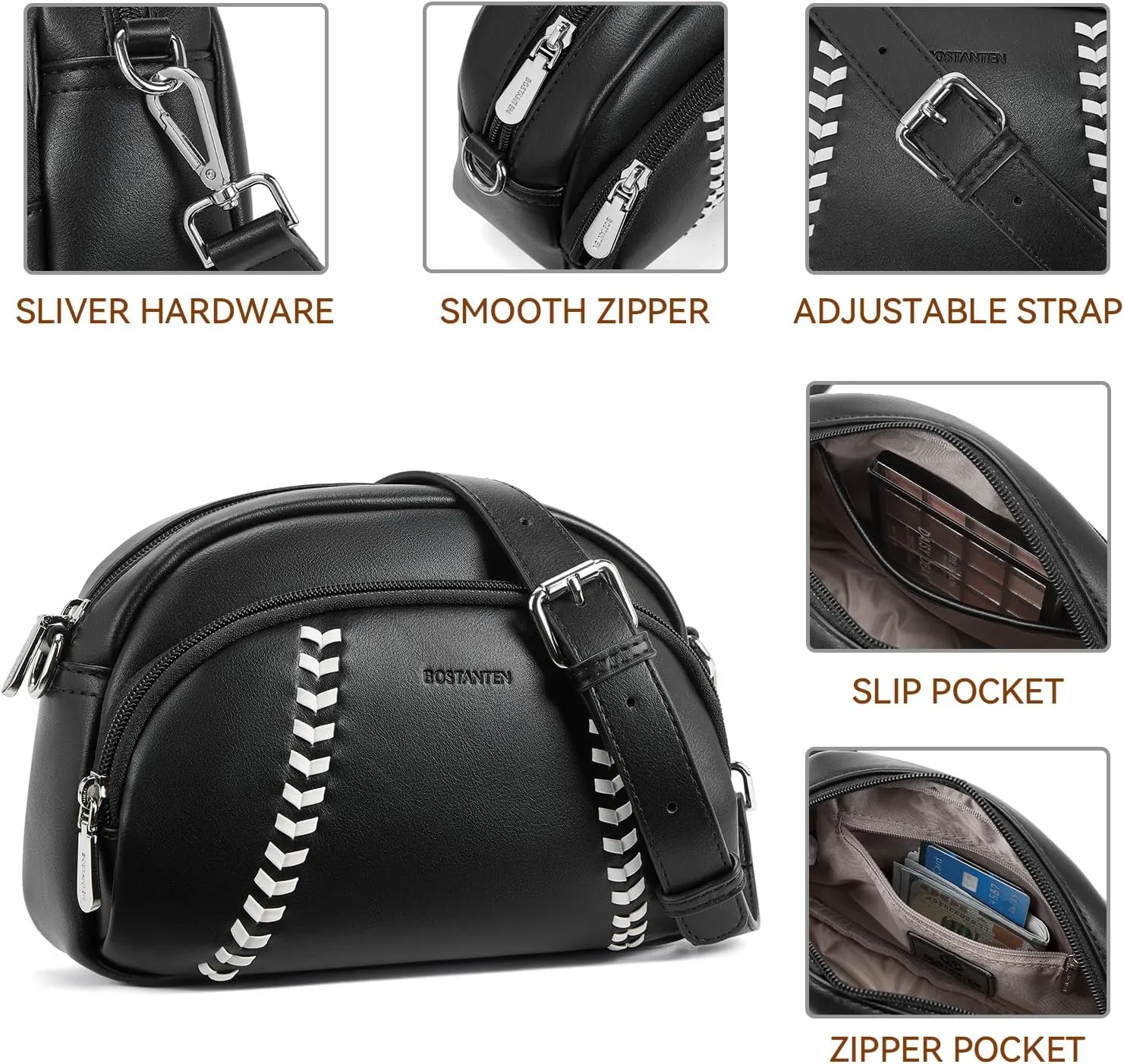 BOSTANTEN Baseball Crossbody Purses for Sport Mom Small Shoulder Bag Vegan Leather Women Handbags for Events