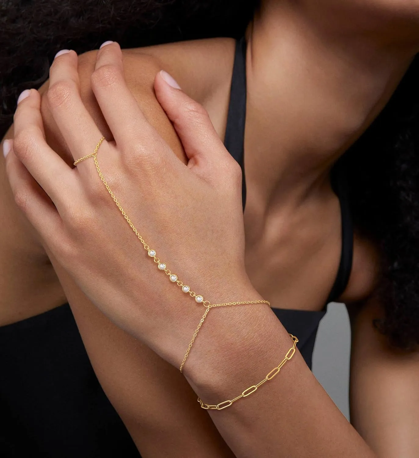CHESKY 2Pcs Hand Chain Bracelet for Women, Dainty 14k Gold Plated Ring Bracelets Hand Chain Non Tarnish Simple Cuff Evil Eye CZ Bracelets Adjustable Nail Bracelet Gold Hand Jewelry for Women