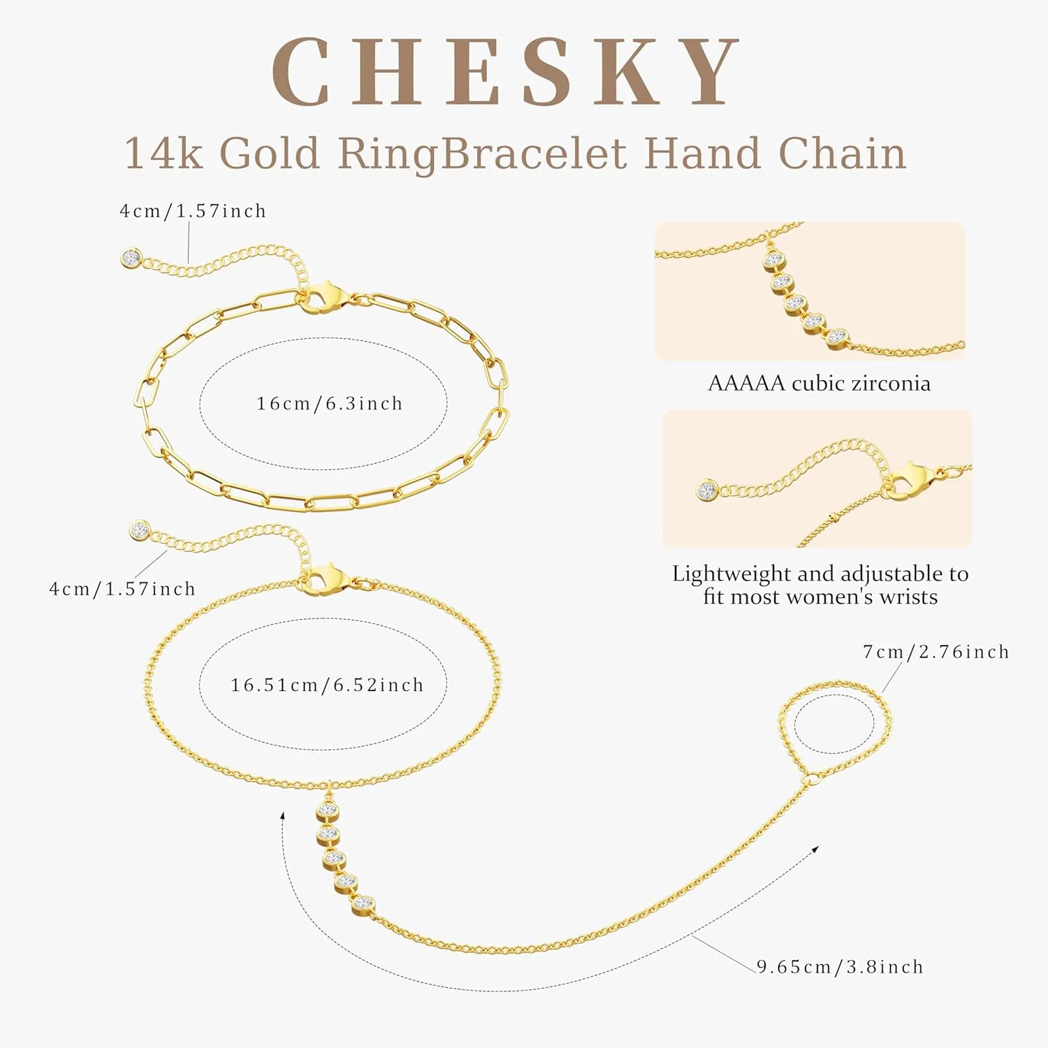 CHESKY 2Pcs Hand Chain Bracelet for Women, Dainty 14k Gold Plated Ring Bracelets Hand Chain Non Tarnish Simple Cuff Evil Eye CZ Bracelets Adjustable Nail Bracelet Gold Hand Jewelry for Women